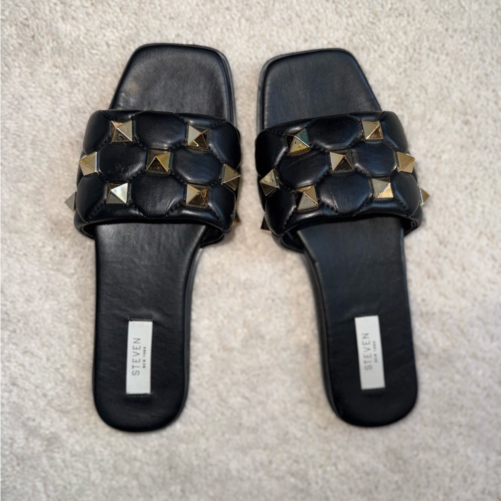 Steve Madden Black Quilted Slide Sandals with Gold Studs